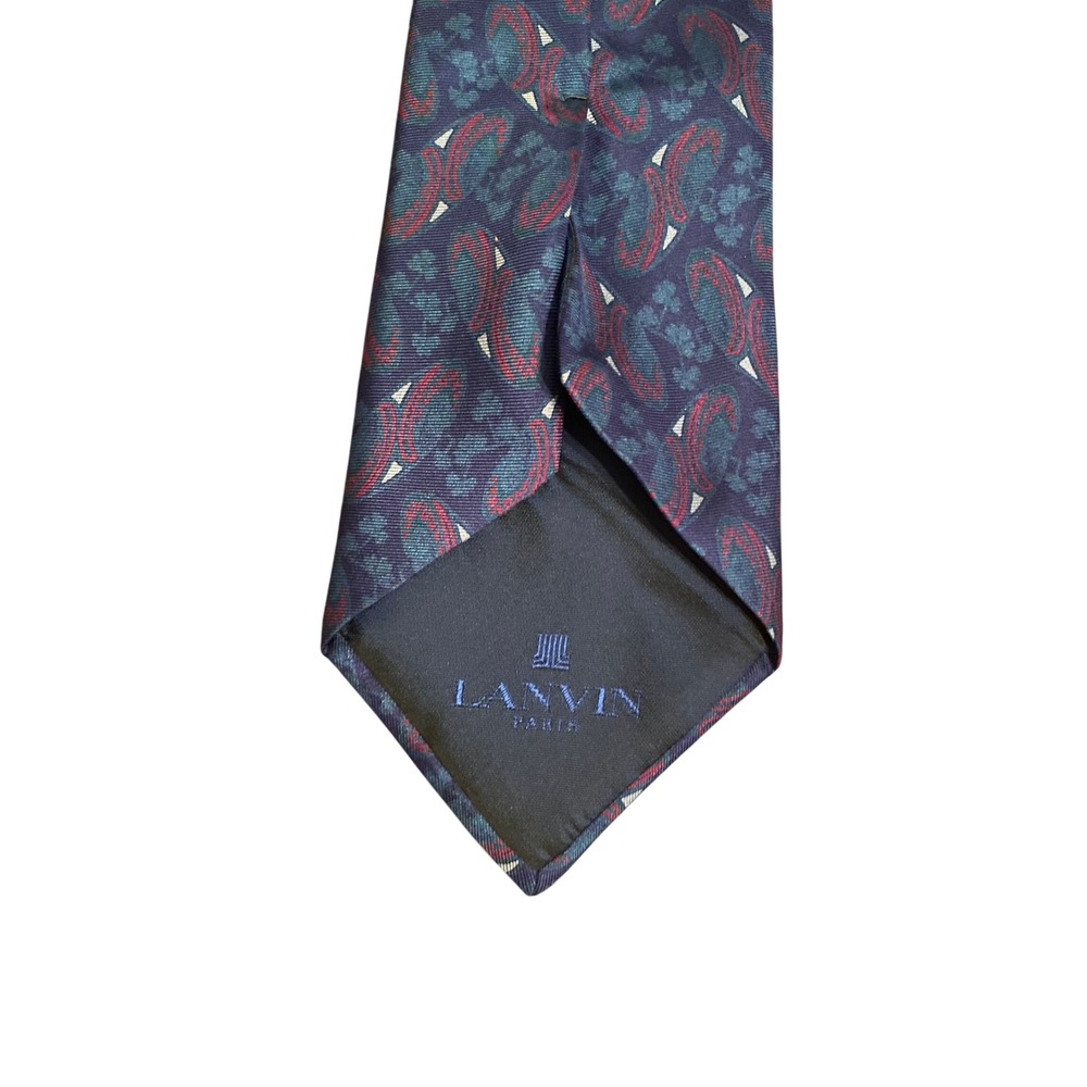 Lanvin Paris Mens Silk Tie Navy Blue Paisley Geometric Made in France Luxury‎